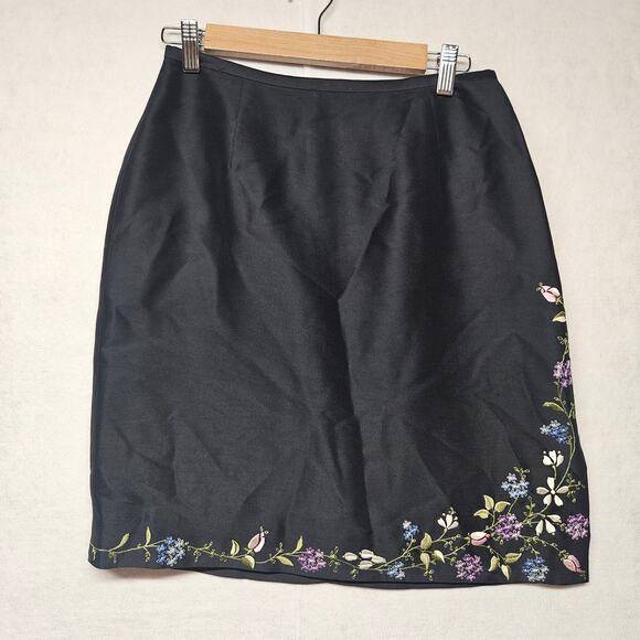 Ann Taylor Petite Black Silk Pencil Skirt with Floral Embroidery - Picture 1 of 6